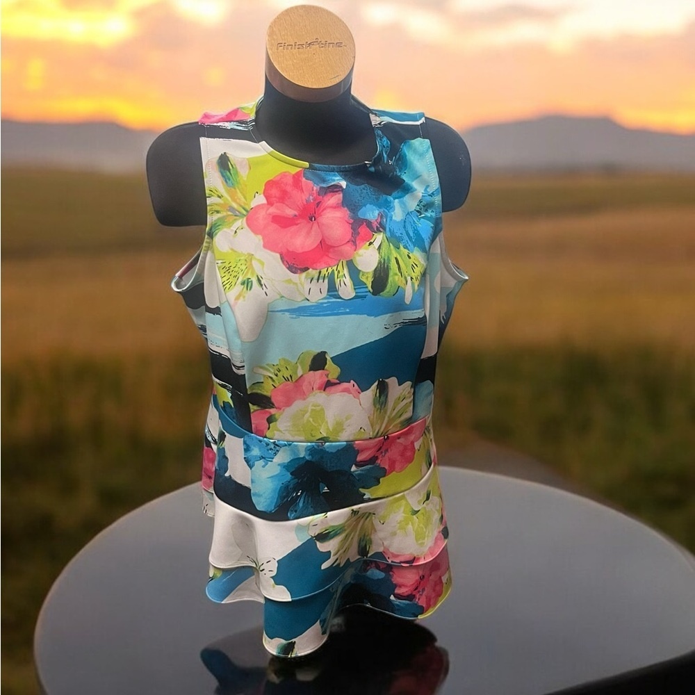 Worthington Women’s Multicolored Floral Abstract Sleeveless Dress Blouse